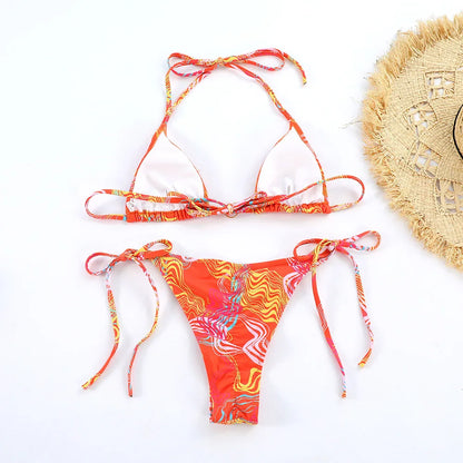 Printed Halter Lace-Up Thong Swimsuit