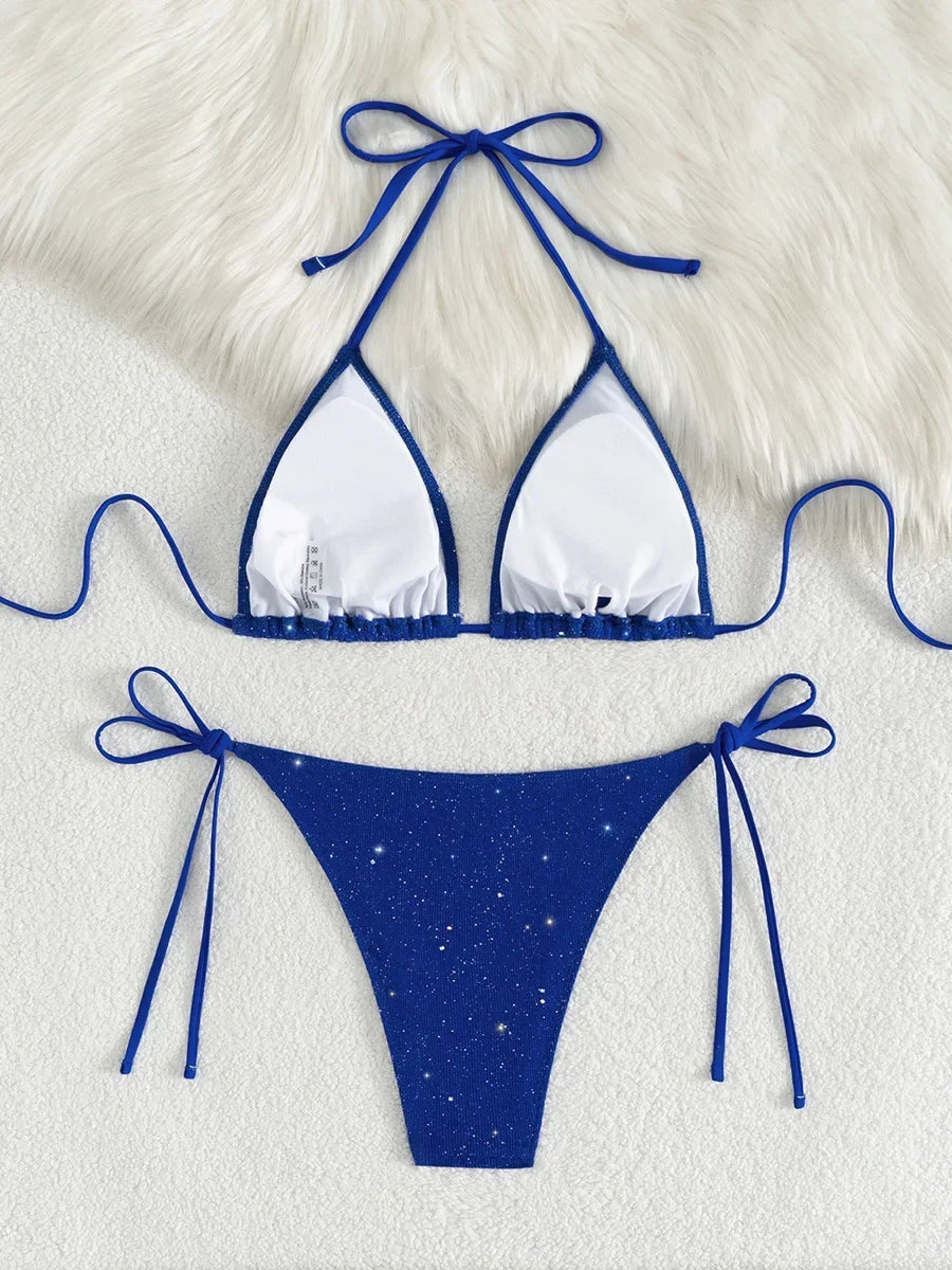 Shiny Sparkling Halter Strappy Bikini