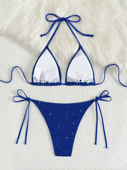Shiny Sparkling Halter Strappy Bikini