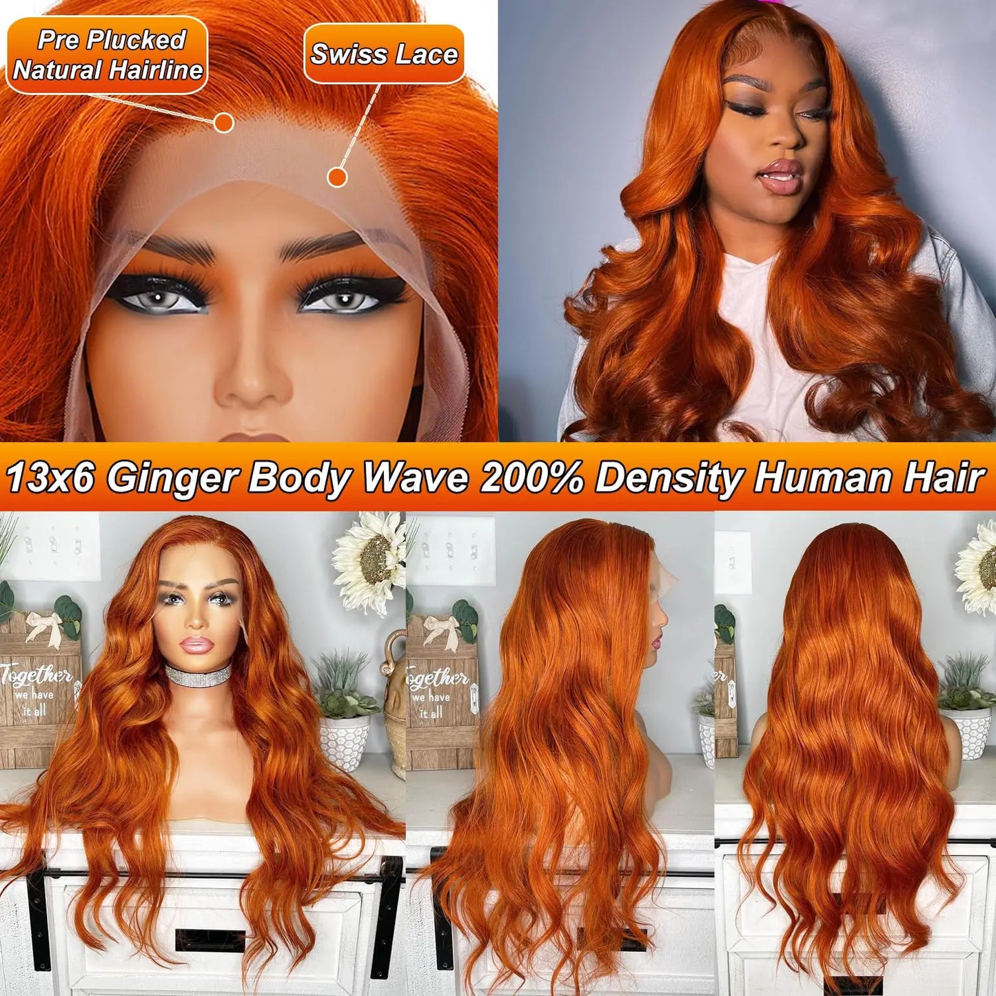 13x6 Ginger Orange Deep Wave Lace Front Wig