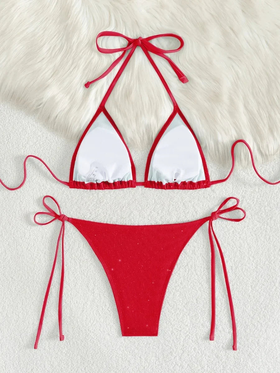 Shiny Sparkling Halter Strappy Bikini