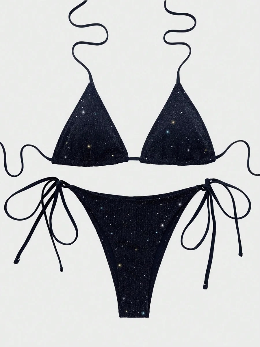 Shiny Sparkling Halter Strappy Bikini