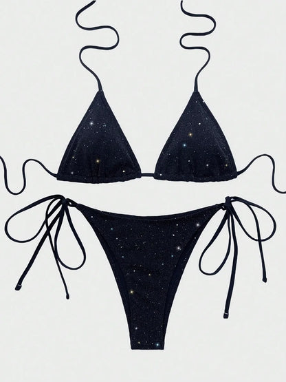 Shiny Sparkling Halter Strappy Bikini