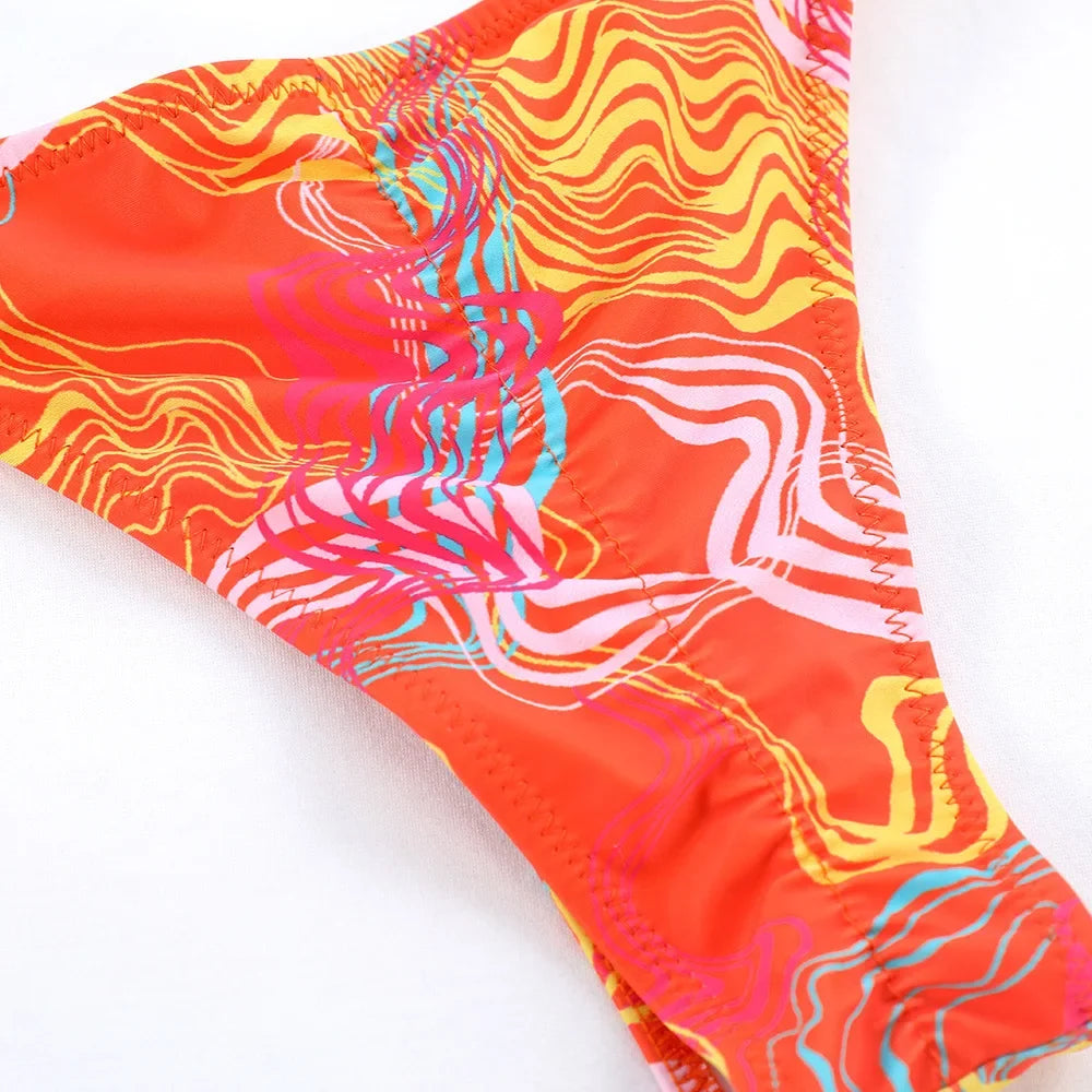 Printed Halter Lace-Up Thong Swimsuit