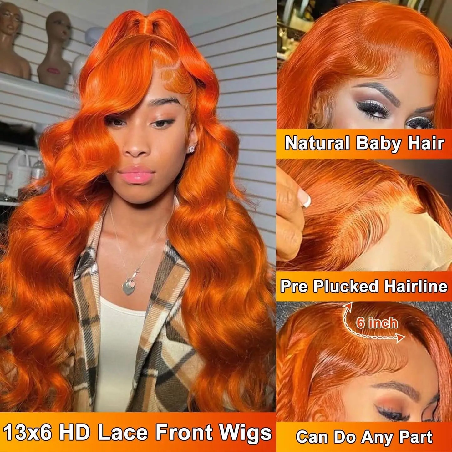 13x6 Ginger Orange Deep Wave Lace Front Wig