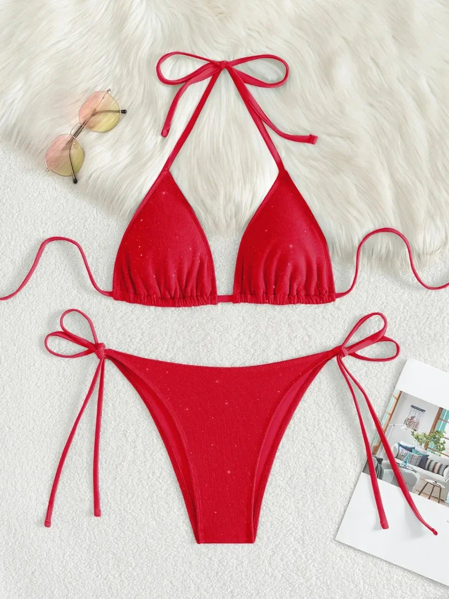Shiny Sparkling Halter Strappy Bikini