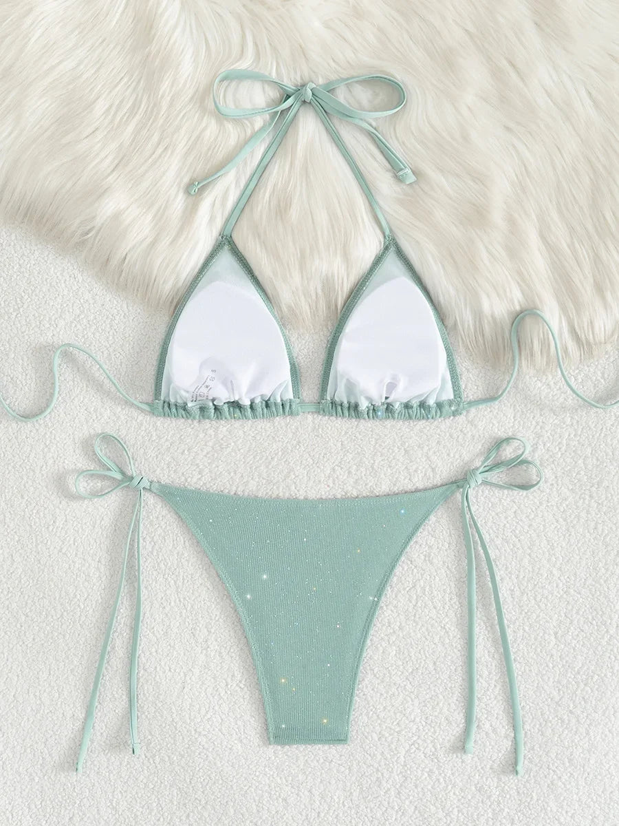Shiny Sparkling Halter Strappy Bikini