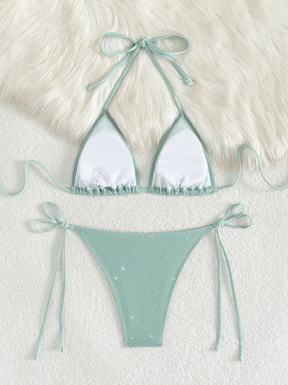 Shiny Sparkling Halter Strappy Bikini