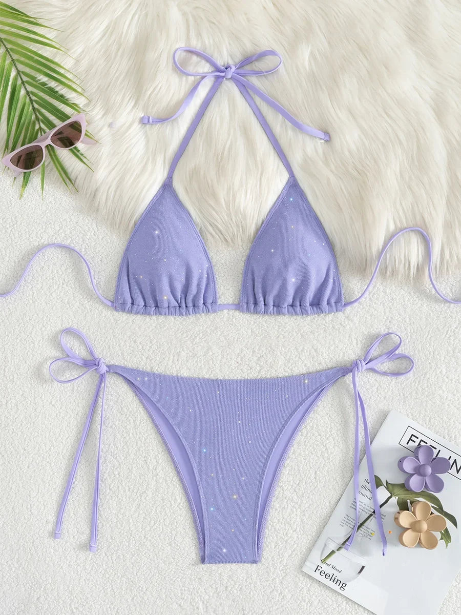 Shiny Sparkling Halter Strappy Bikini