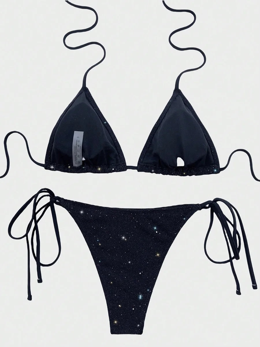 Shiny Sparkling Halter Strappy Bikini