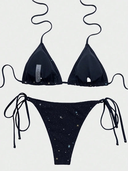Shiny Sparkling Halter Strappy Bikini