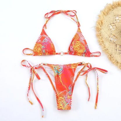 Printed Halter Lace-Up Thong Swimsuit