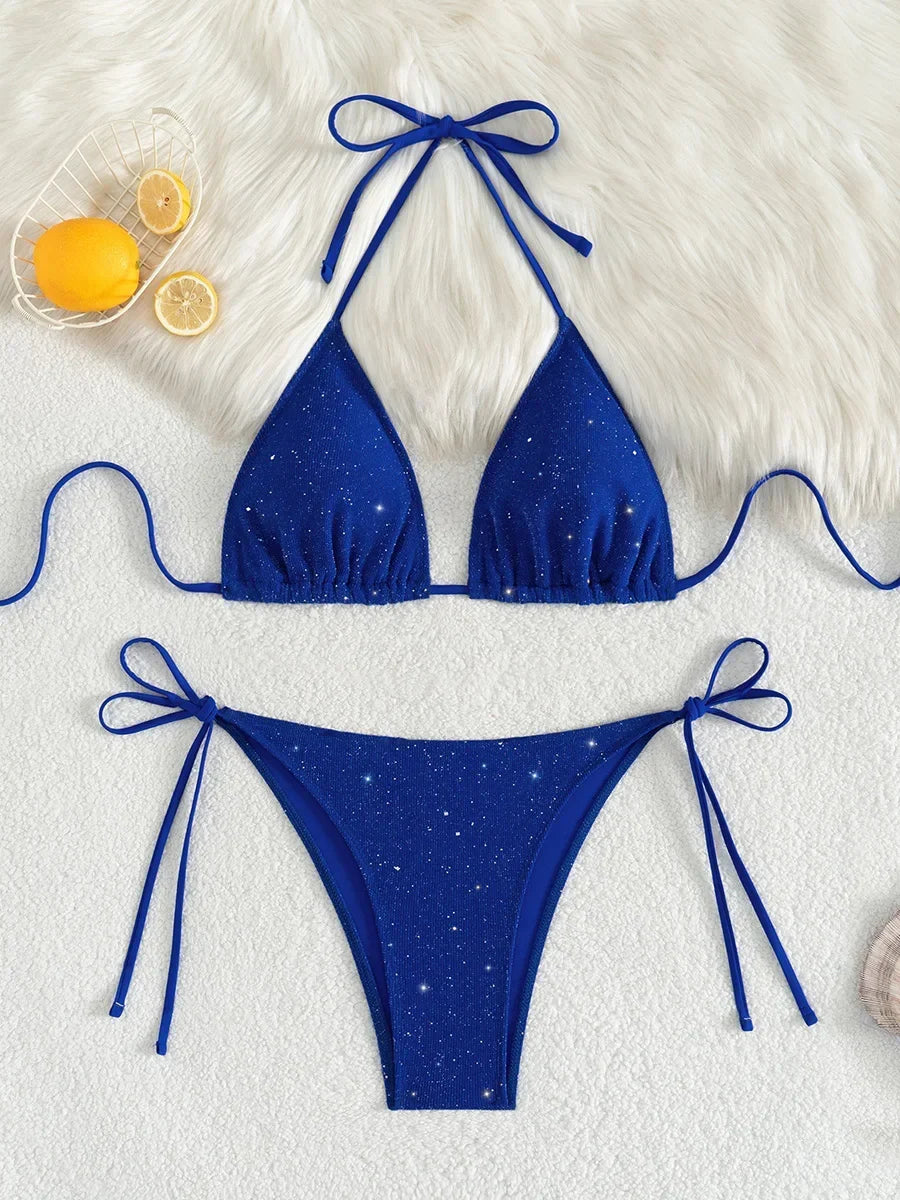 Shiny Sparkling Halter Strappy Bikini