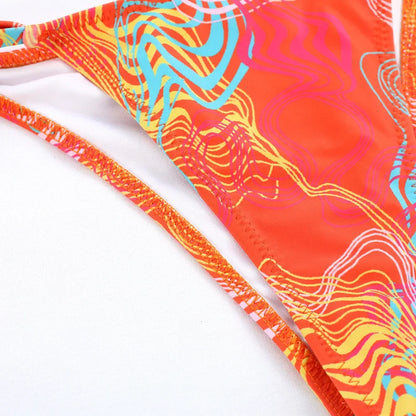 Printed Halter Lace-Up Thong Swimsuit