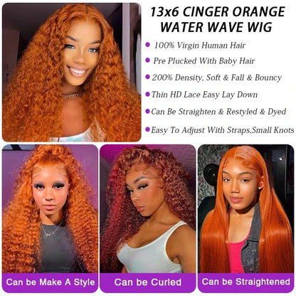 13x6 Ginger Orange Deep Wave Lace Front Wig